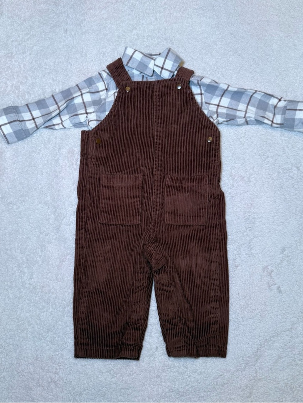 Carter's Dark Brown Corduroy Overalls with Front Pockets & Plaid Flannel Top